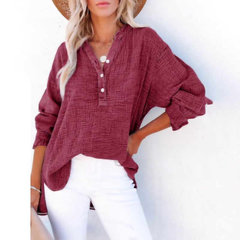 🔥Womens Casual Button V Neck Long Sleeve Shirts Oversized Solid Blouses Tops