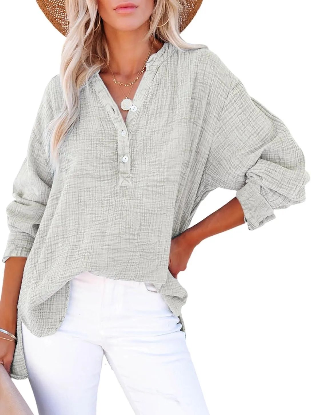 🔥Womens Casual Button V Neck Long Sleeve Shirts Oversized Solid Blouses Tops