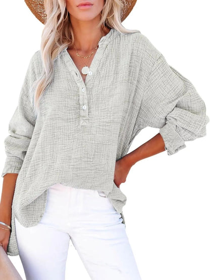 🔥Womens Casual Button V Neck Long Sleeve Shirts Oversized Solid Blouses Tops