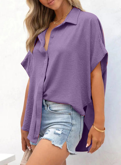 🧥Women's Casual Button Short Sleeve Slit Hem Shirt Solid Color Tops